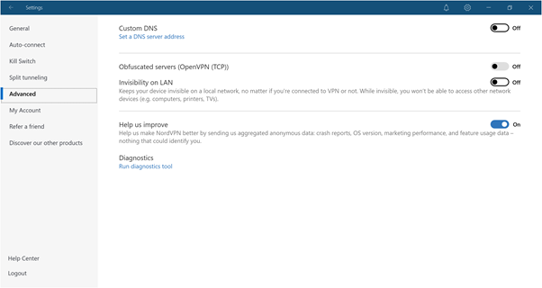 Screen shot of the advanced settings in the Windows App